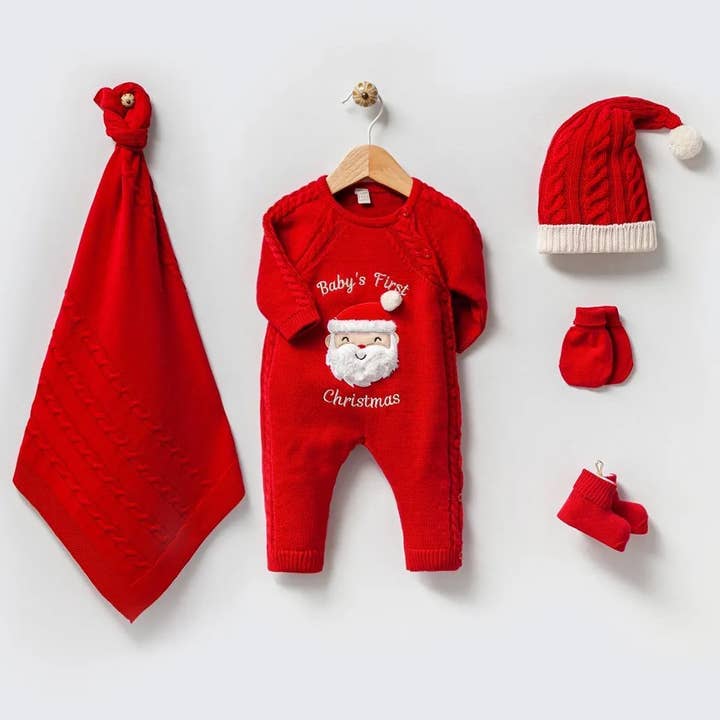 Baby’s First Christmas Outfit Set Santa Knit Romper w/ Hat for wholesale by Nipperland