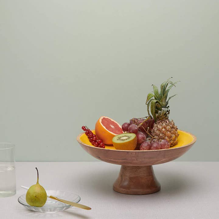 Fruttiera in legno giallo, diametro 30,5 cm per la vendita all'ingrosso da parte di Folkhomes Global Inc