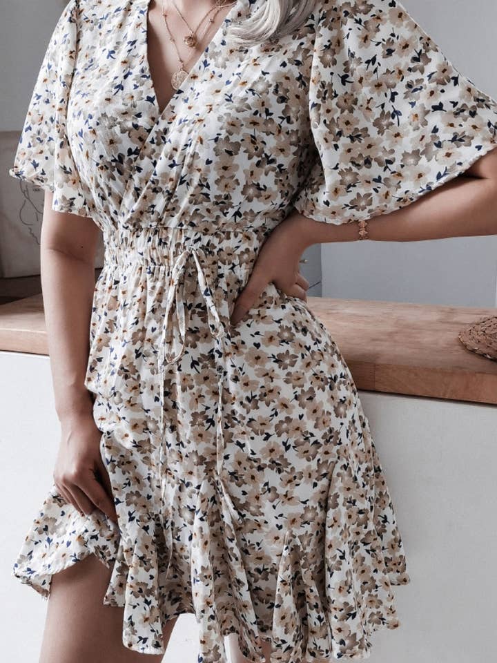 NINEXIS - Wholesale Dress - Women's - CWDSD4717_V-NECK FLORAL RUFFLED PLEATED DRESS SHORT