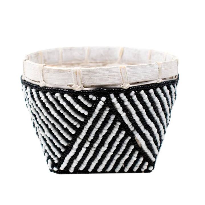 Bamboo Beaded Trinket Basket: Black/White Stripe for wholesale by POPPY + SAGE