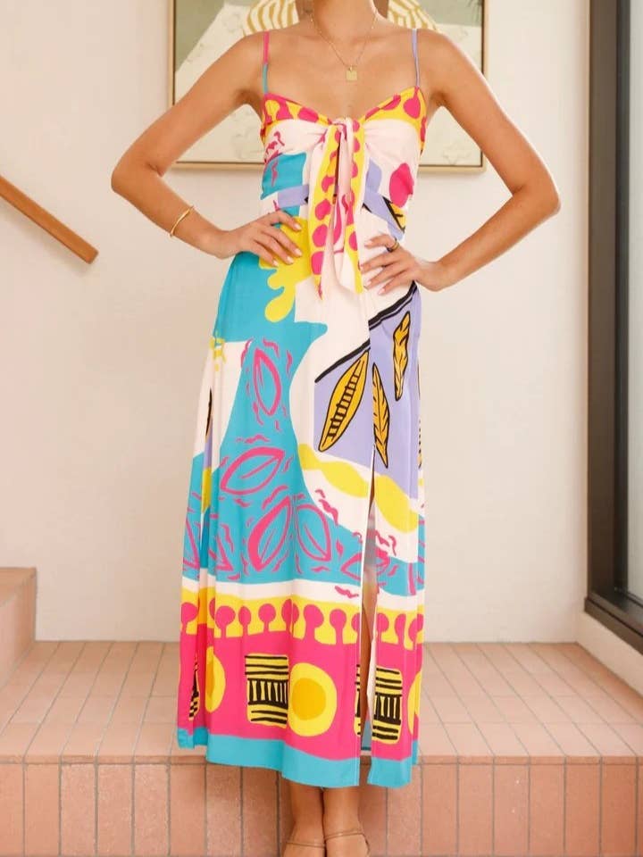 Vibrant Tropical Prints Tie Front Spaghetti Strap Dress for wholesale by Rosa Clothing