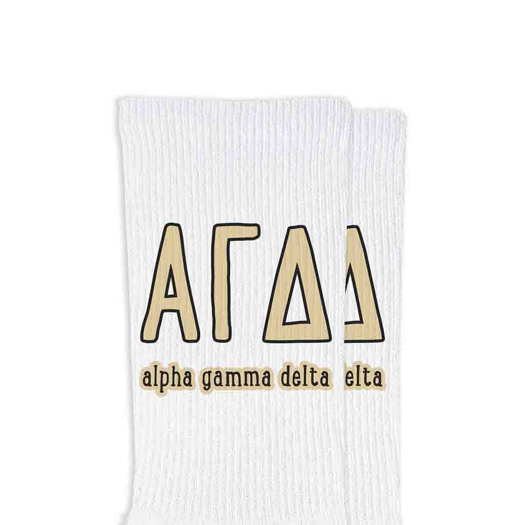 White Sorority Crew Socks with Name and Letters in Sorority Colors for wholesale on Faire3
