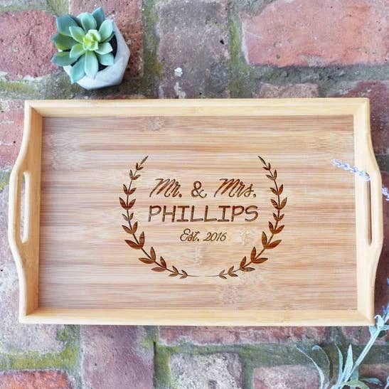 Mr. and Mrs. First and Last Name with Est. Date Bamboo Serving Tray for wholesale by Our Board Boutique