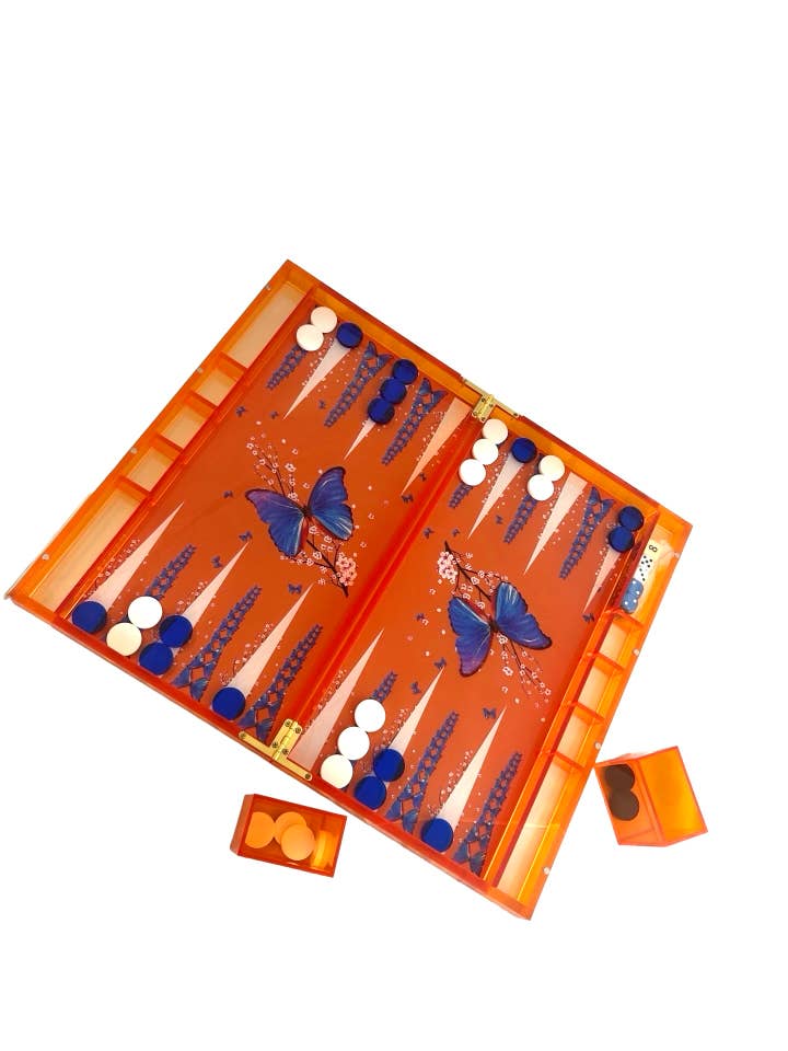 Game, Backgammon, Orange Butterfly for wholesale by Maven Home