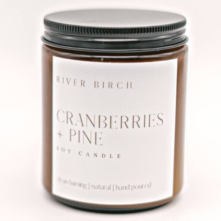 8.5oz Mirtilli rossi+pino - Vaso ambra - Candela di soia per la vendita all'ingrosso da parte di River Birch Candles