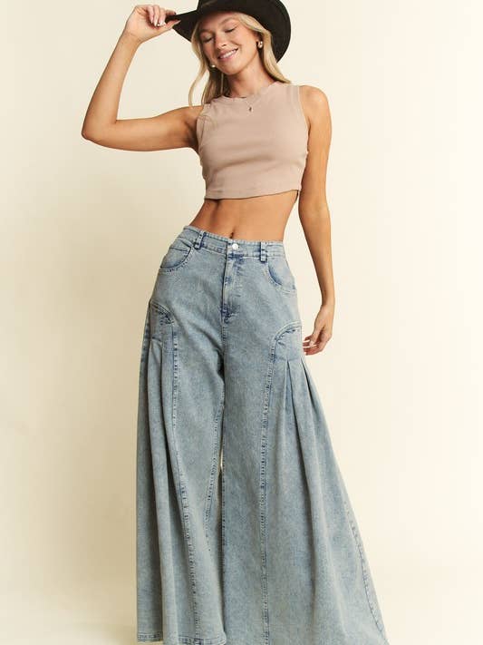 DENIM WIDE LEG FLARED PANTS for wholesale on Faire