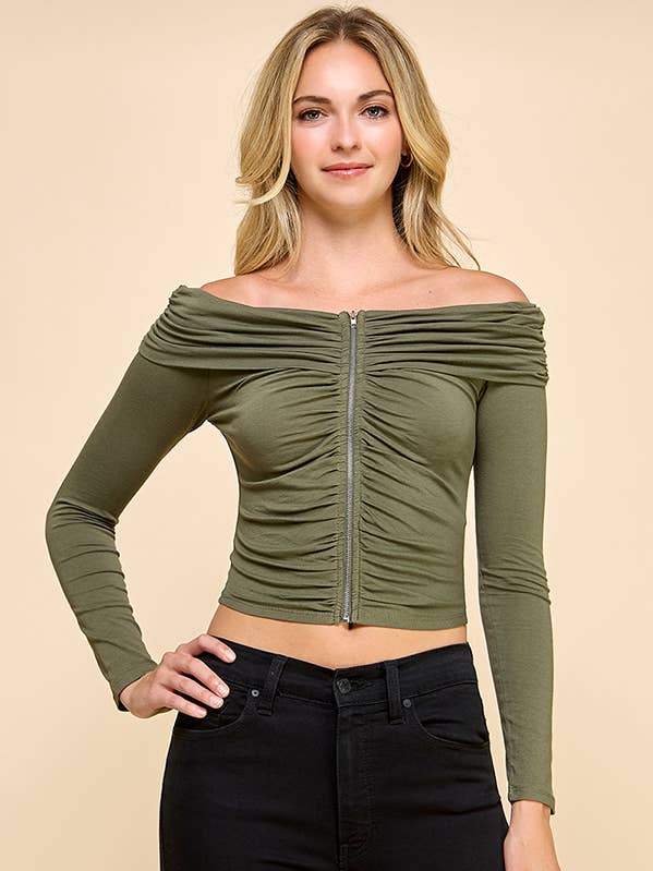 JT53361L - SCHULTERFREIES LANGARMTOP MIT REISSVERSCHLUSS VORNE UND RAFFUNG für den Großhandel von Heart & Hips