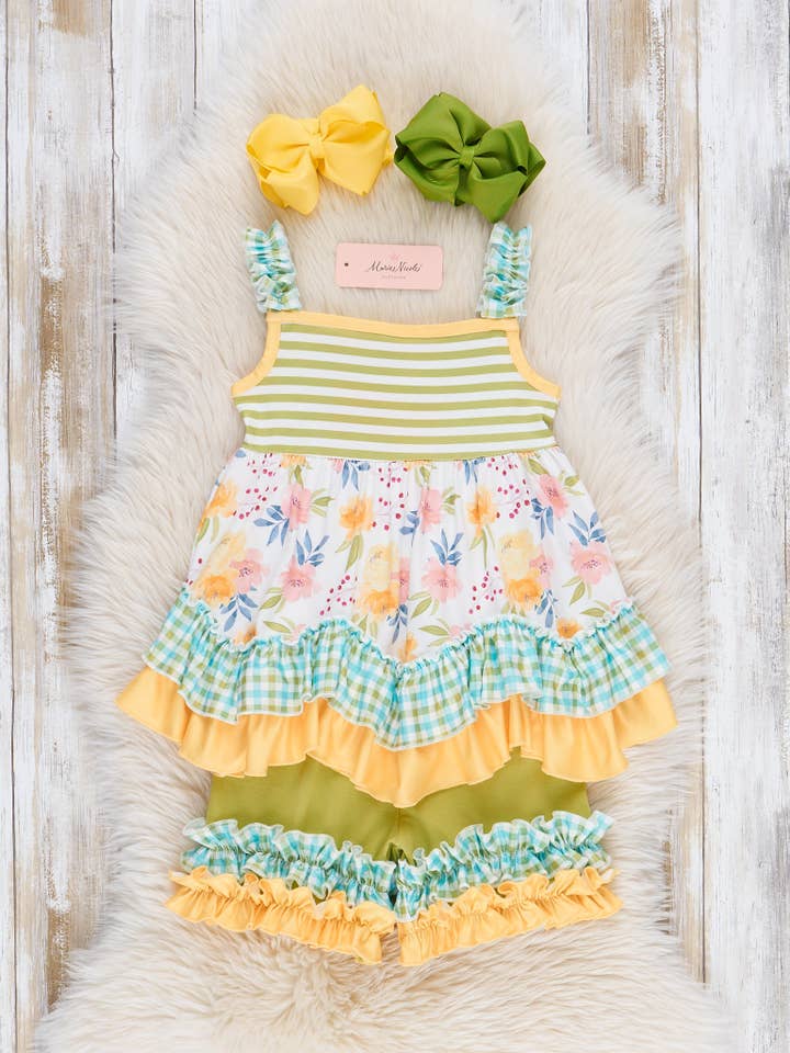 Striped Hibiscus Garden Ruffle Outfit for wholesale by Marie Nicole Clothing