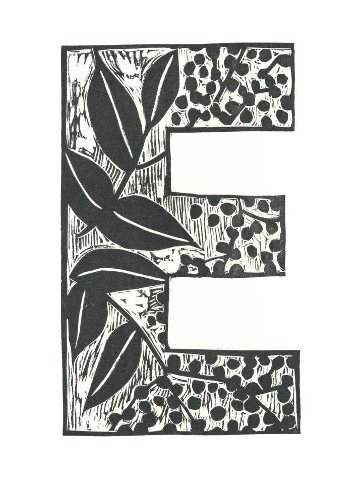 Handgedruckter botanischer Holzschnitt-Buchstabe 9x12" - E für den Großhandel von Kristy Cavaretta