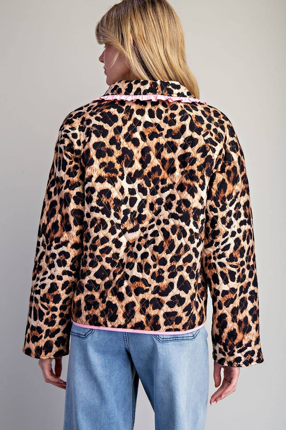 BROWN PL9358 - LEOPARD QUILTED PINK CONTRAST TIE FRONT JACKET for wholesale on Faire5