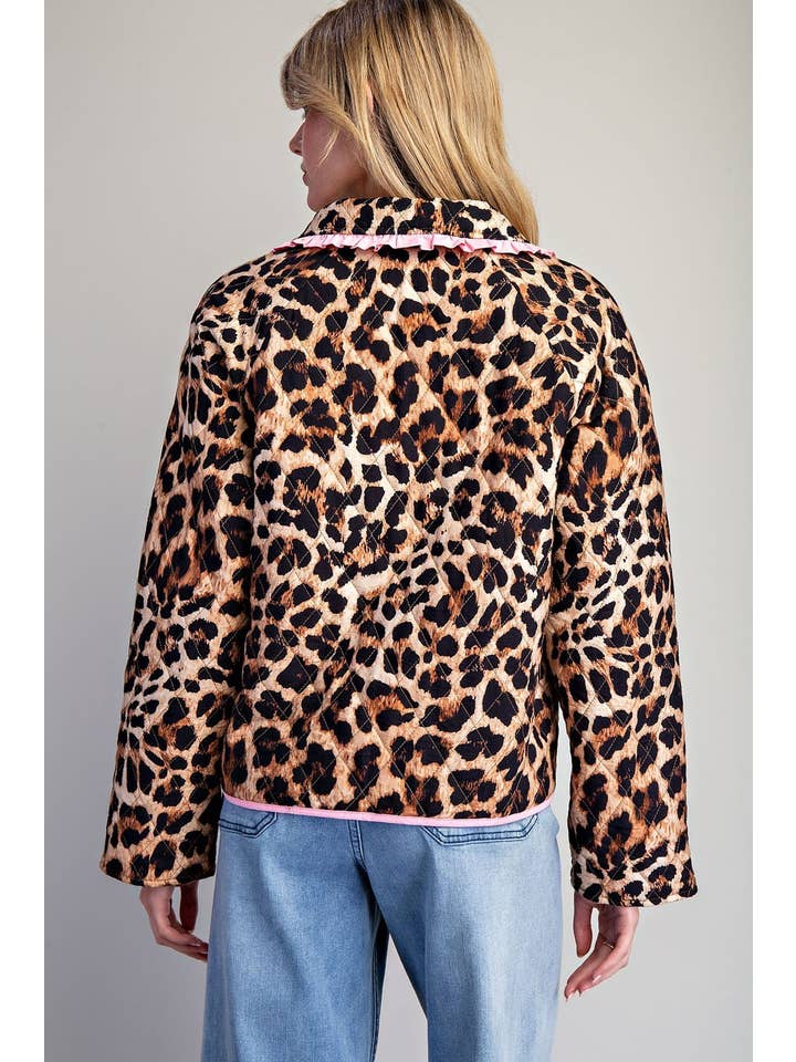 BROWN PL9358 - LEOPARD QUILTED PINK CONTRAST TIE FRONT JACKET for wholesale on Faire5