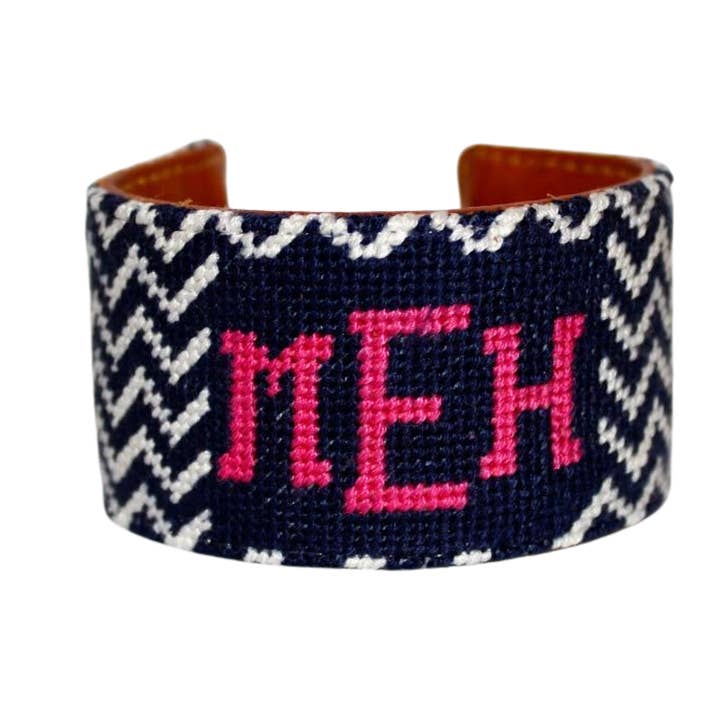 Monogram Needlepoint Cuff Bracelet - Black and Pink Chevron for wholesale by York Design Co