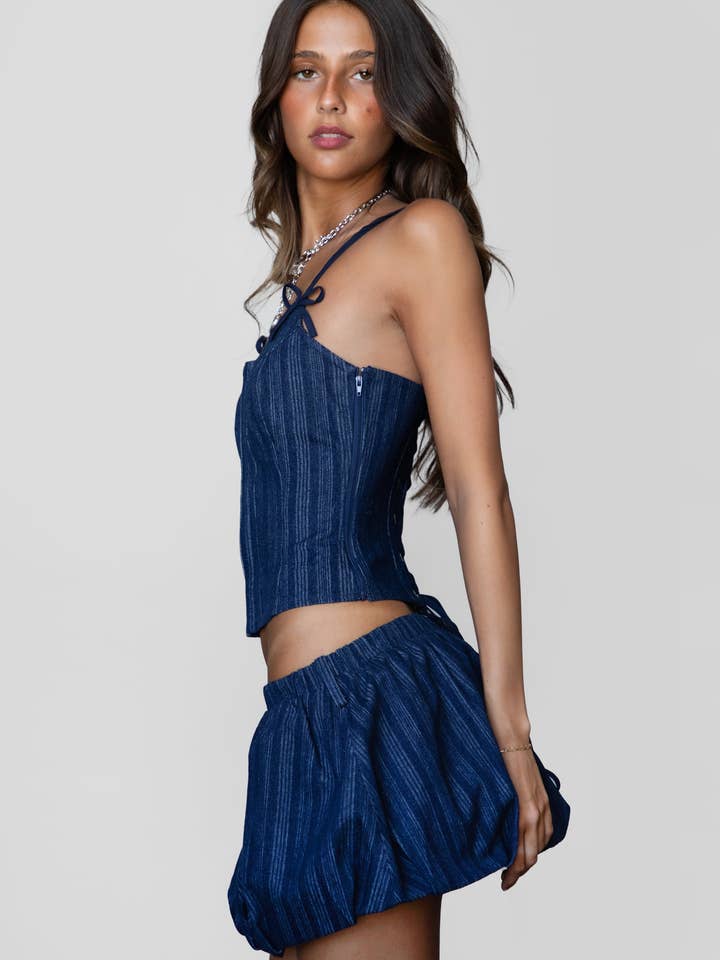 indigo MANON Stripped Stretch Denim Skirt Set for wholesale on Faire