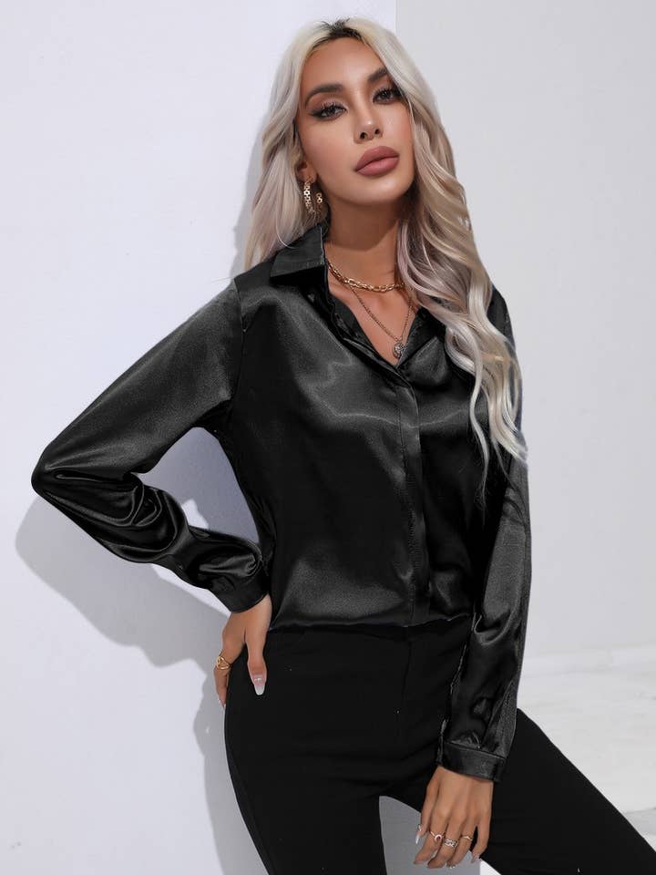 NINEXIS - Wholesale Button Down Shirt - Women's - CWTBLL0692_Button Down Silky Satin Long Sleeve Top4