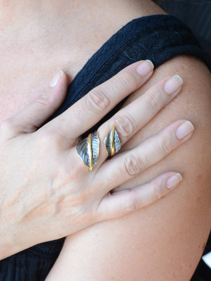 Two tone textured leaf ring for wholesale by AJS Design Studio