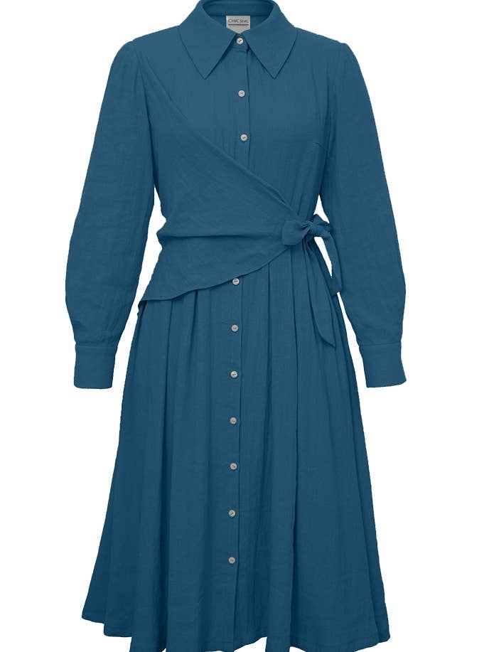 Chic Star Plus Size Linne Wrap Shirtklänning I Blå 062824 för wholesale av CHIC STAR