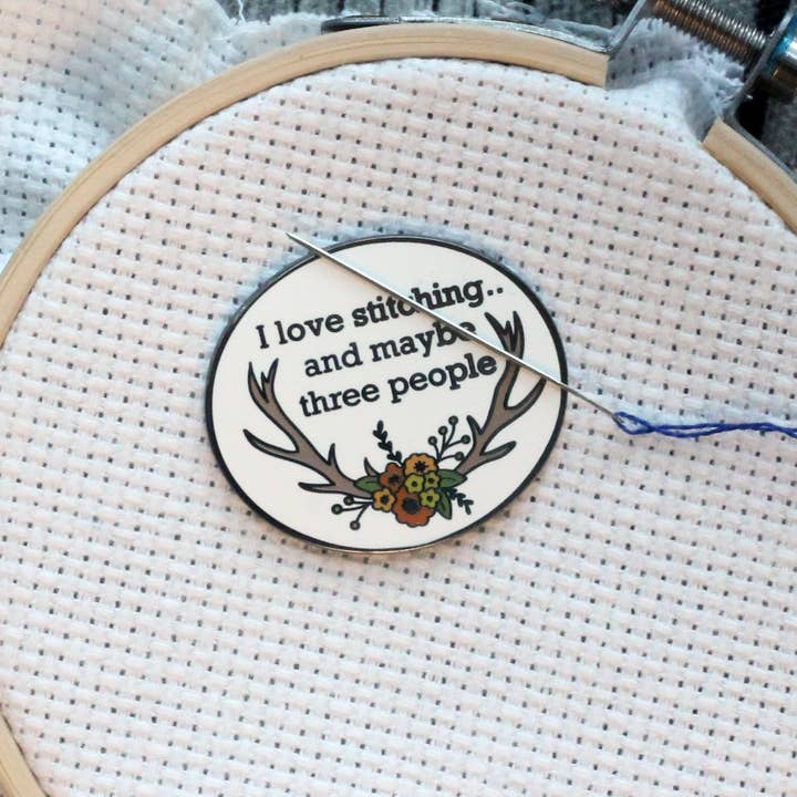 I Love Stitching And Maybe Three People Enamel Needle Minder for wholesale by Snarky Crafter Designs