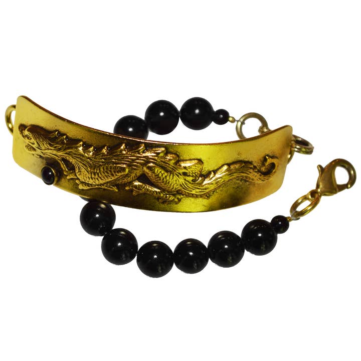 Antique Gold Brass Dragon Bracelet With Black Onyx for wholesale by Elaine Coyne Galleries