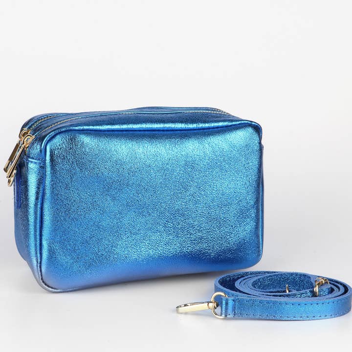 Naomi - Italian Leather Crossbody Bag - Blue, Metallic for wholesale by Sarta Pelle