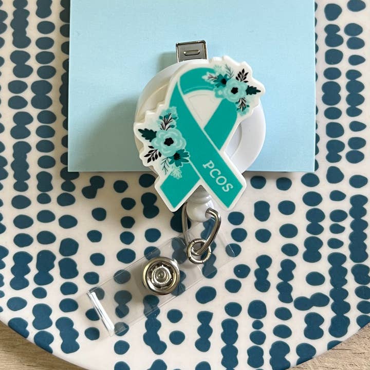 Floral Teal Ribbon - PCOS Awareness Badge Reel for wholesale by Katesy Things