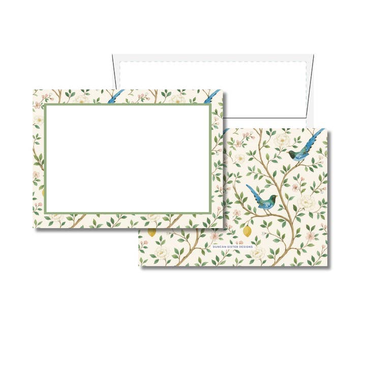 Duncan Sister Designs - Wholesale Stationery/Notecard Set - Chinoiserie Bird Floral Print Notecards – Set of 8, USA Made