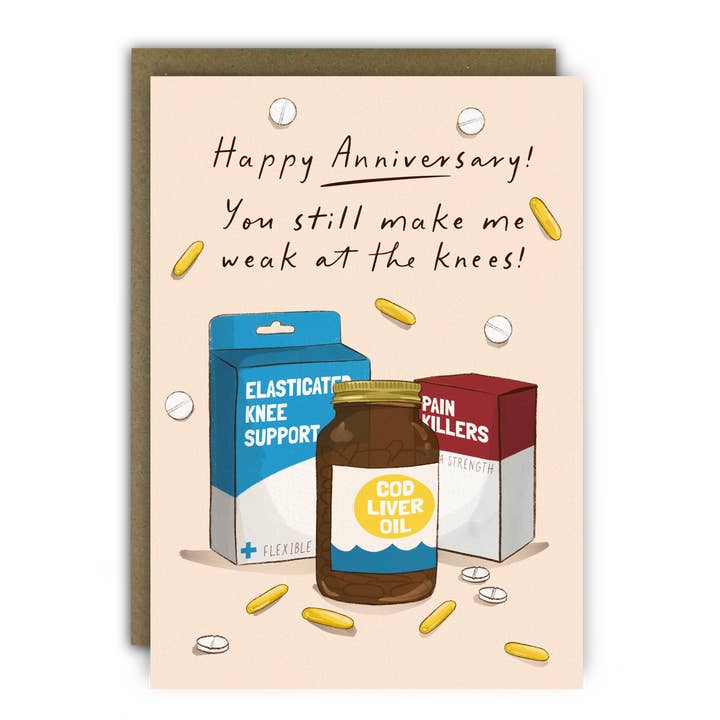 Funny Anniversary Card - A6  - Knee Support Weak at the Knee for wholesale by RUNNING WITH SCISSORS