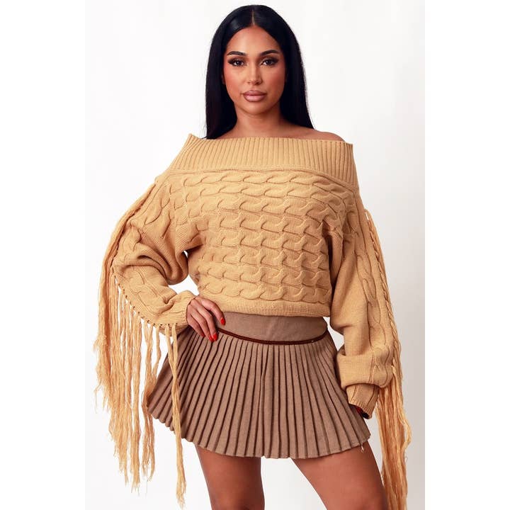 Knit Tassel Detail Off The Shoulder Sweater for wholesale by DORCAS