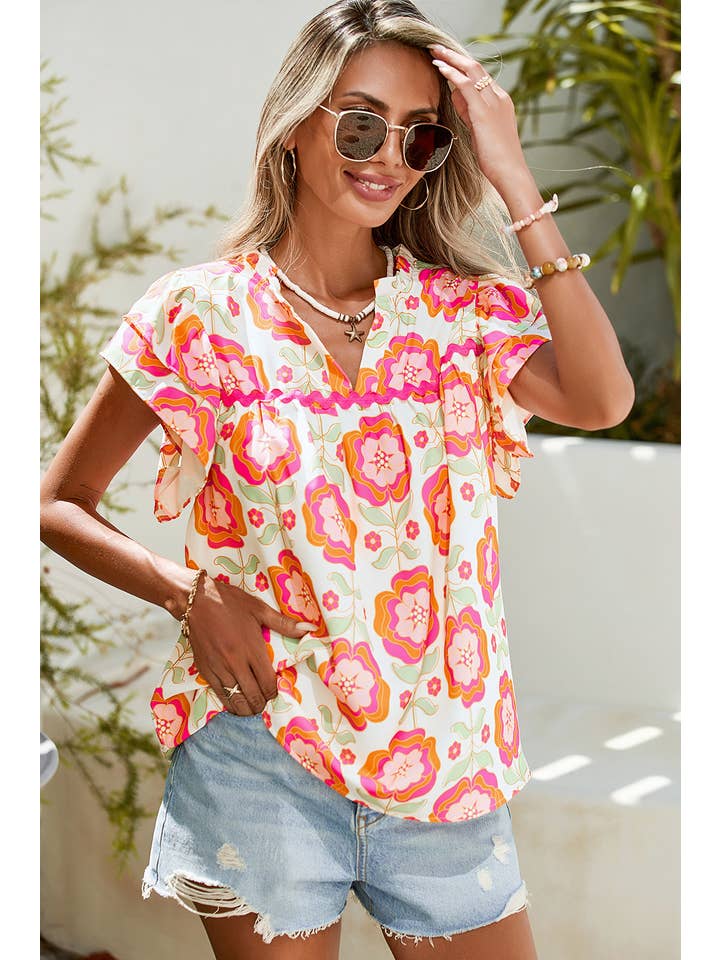 Rose LDC Boho Floral Print Ricrac Ruffle Sleeve Blouse for wholesale on Faire