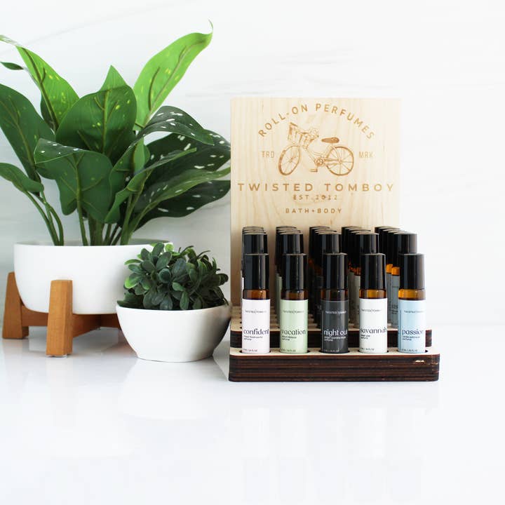 Twisted Tomboy | Bath+Body+Shower+Shave - Wholesale Retailer Display - Beauty & Wellness - Perfume Countertop Display (25 Roll-On Perfumes W/Testers)