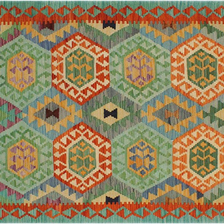 Bohemian Turkish Kilim Britt Rust/Green Wool Rug - 3'4'' x 4'8'' for wholesale by Arshs Fine Rugs