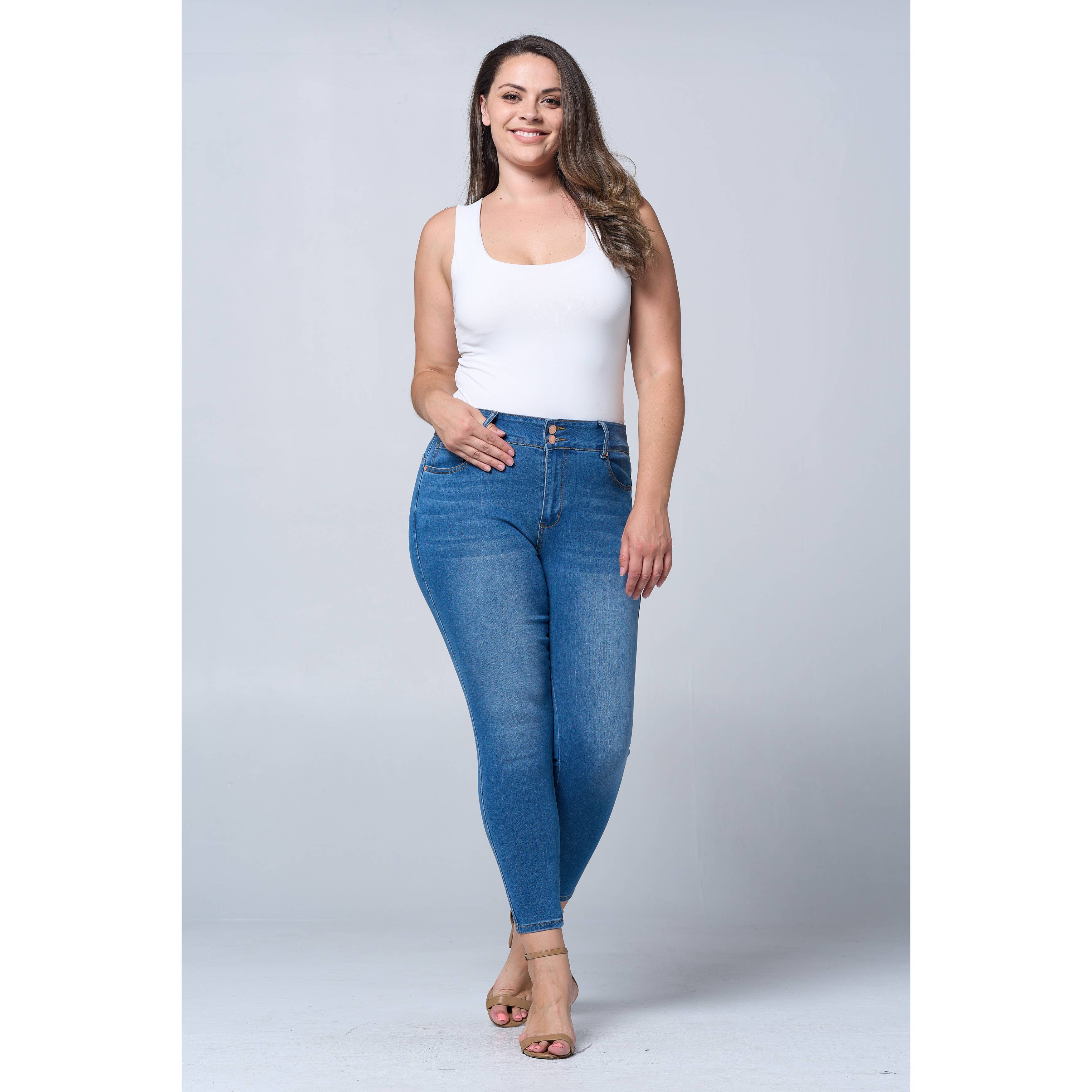 Donkerblauw Plus Size Skinny Jeans met Buikcorrigerende Taille en Lifting voor de Billen PH3502X Donkerblauw voor groothandel op Faire7