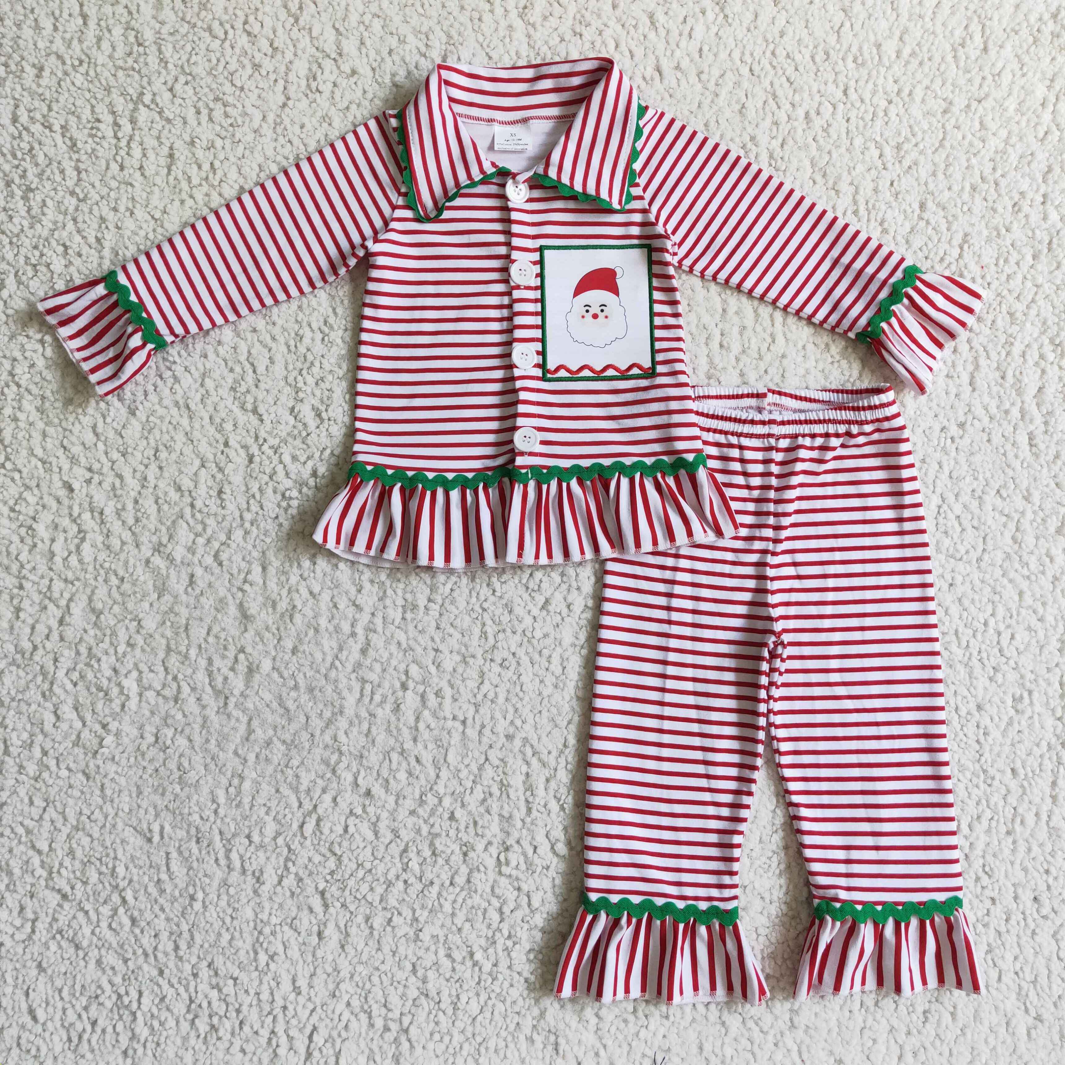 Yawoo Garments - Wholesale Sleepwear Set - Kids - Santa embroidery cotton stripe girls Christmas pjs1