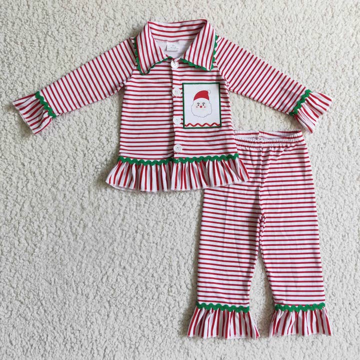 Yawoo Garments - Wholesale Sleepwear Set - Kids - Santa embroidery cotton stripe girls Christmas pjs1