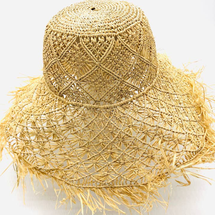 Shebobo – wholesale Straw hat – women's – Karin 7" Brim Macrame Straw Sun Hats with Raw Fringe Edge2