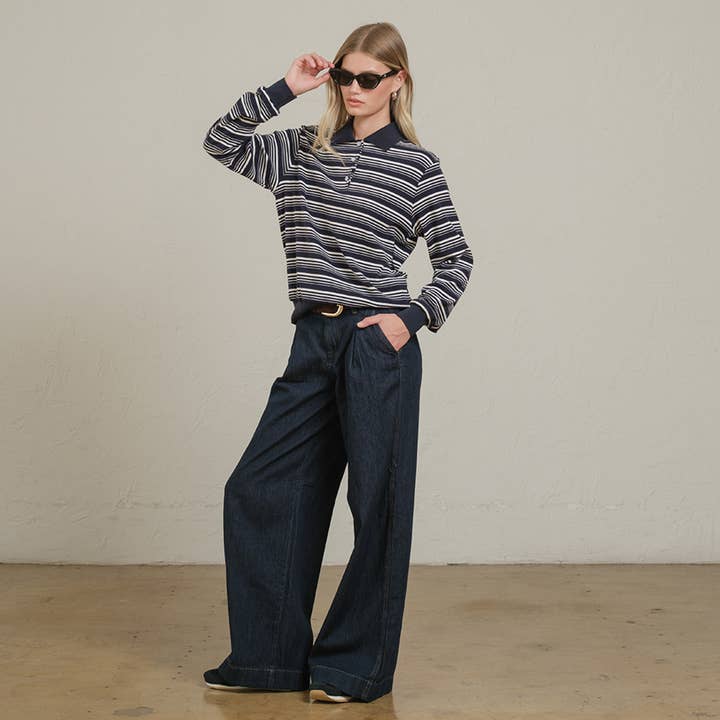 RAISONNEL - Wholesale Polo - Women's - Striped Polo Long Sleeve – Burgundy & Navy - RTK10089