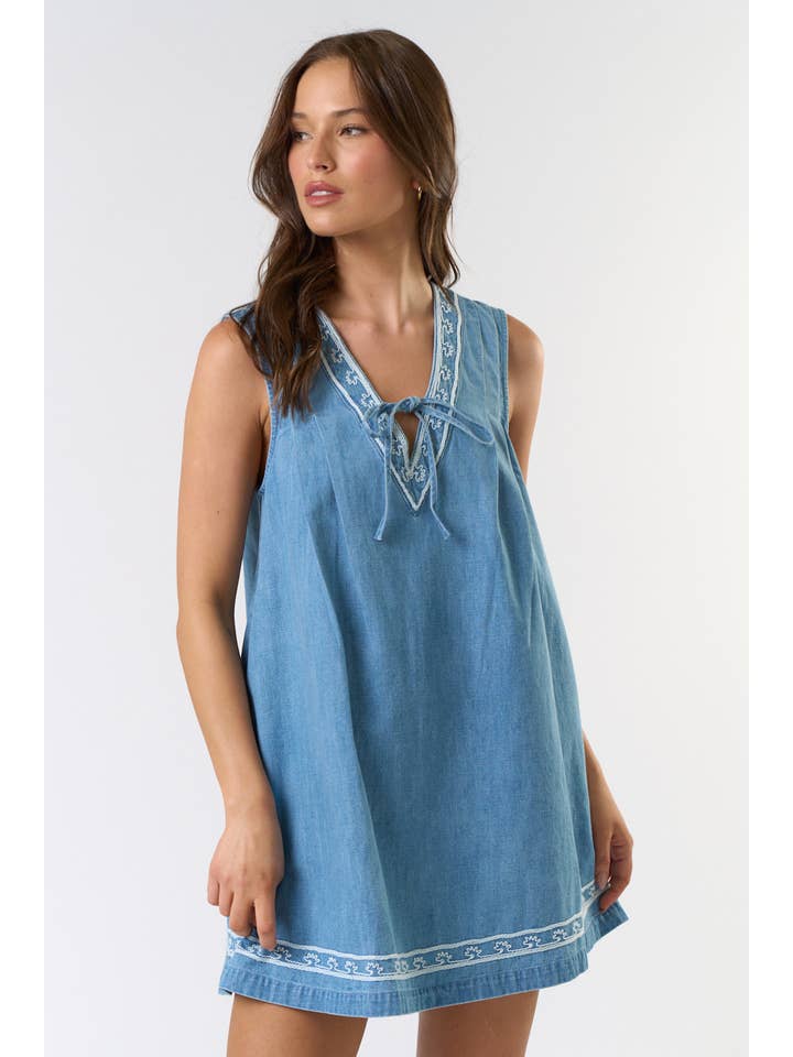 ILD5211 SLEEVELESS EMBROIDERED DENIM DRESS for wholesale on Faire