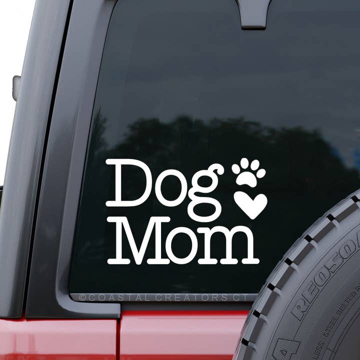 "Dog Mom" White Vinyl Car Window Decal (Packaged) for wholesale by Coastal Creators of Connecticut