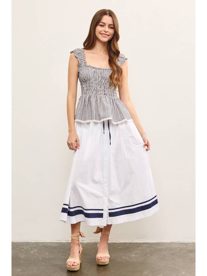 NIGHT BLUE ELASTIC RUFFLE SMOCKED WAIST SLEEVELESS PEPLUM TOP for wholesale on Faire