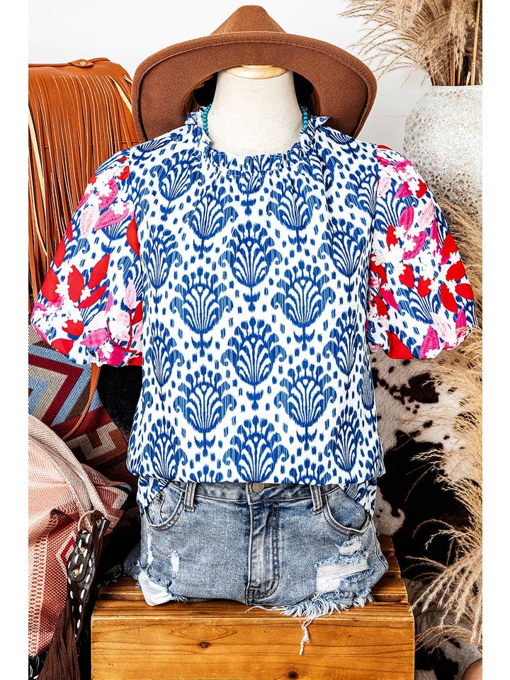 As shown Western Fashion Print Floral Puff Sleeve Frill Neck Blouse for wholesale on Faire