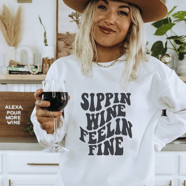 Trendznmore - Modern Graphic Apparel - Wholesale Graphic Sweatshirt - Women's - Sippin Wine Feelin Fine Crewneck Sweatshirt