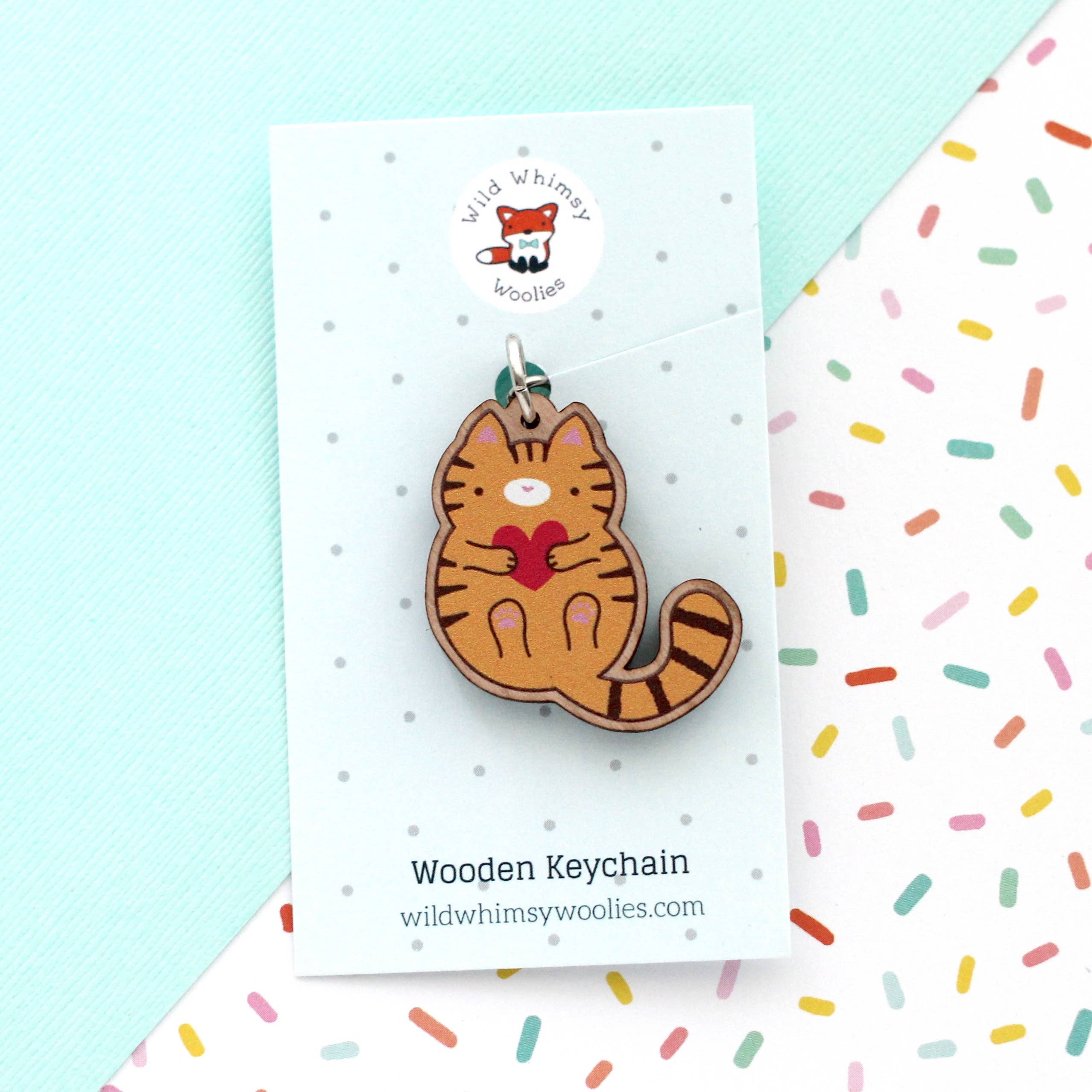 Wild Whimsy Woolies - Wholesale Keychain - Unisex - Orange Tabby Cat Wooden Keychain. Ginger Cat Wood Charm2