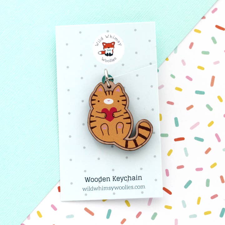 Wild Whimsy Woolies - Wholesale Keychain - Unisex - Orange Tabby Cat Wooden Keychain. Ginger Cat Wood Charm2