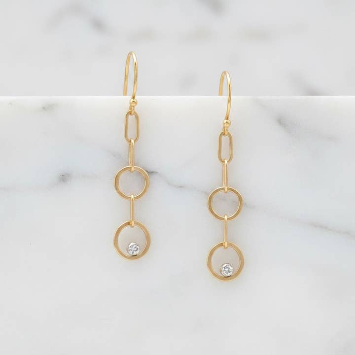 Double Circle Diamond Drop Earrings for wholesale by J + I Jewelry