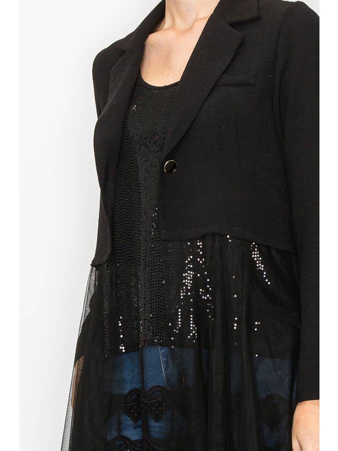 Chic Contrast Longline Blazer Jacket With Mesh Tulle Panel - 4773 BLACK for wholesale on Faire3