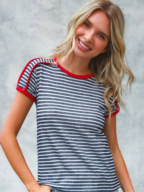 NAVY WHITE PLUS RINGER PIPED TRIM SHORT SLEEVE KNIT TOP for wholesale on Faire