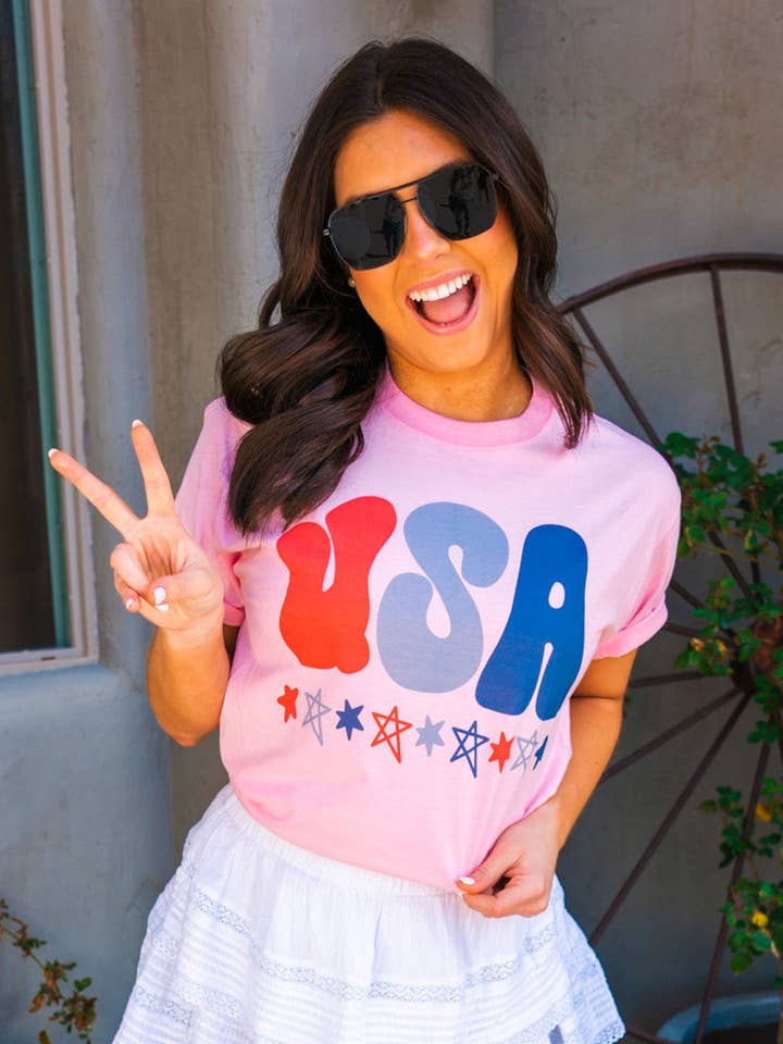 Pink USA Graphic T-Shirt for wholesale by Sugar Stitch