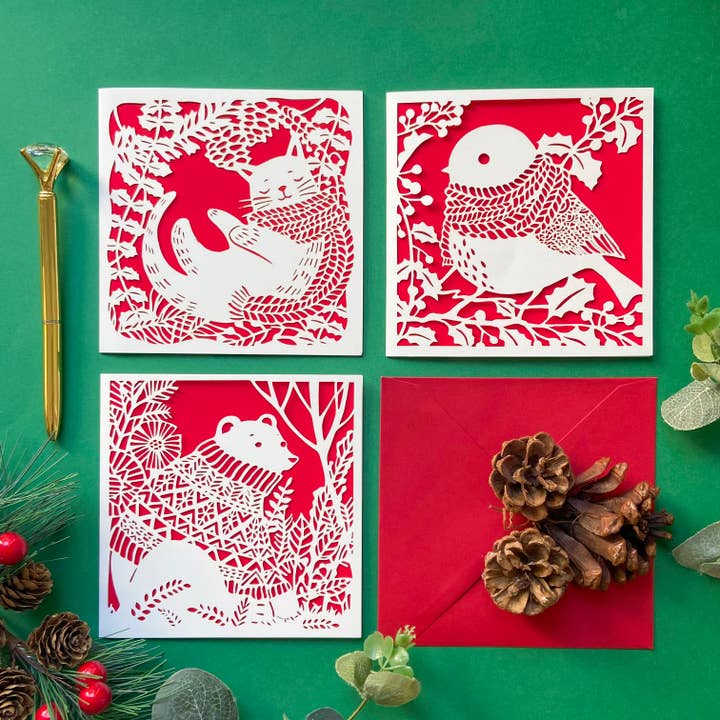 Set di 3 biglietti natalizi assortiti, confezione di biglietti natalizi vuoti per la vendita all'ingrosso da parte di Chow's Stories