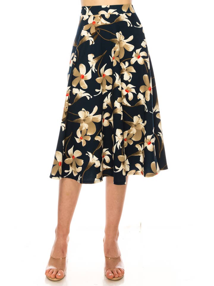 MOA COLLECTION - Wholesale Skirt - Women's - Women's A-line midi skirt with flowers and elastic waistband4