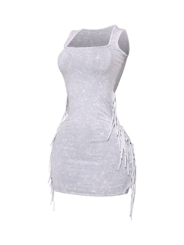 ICE CEMENT Mineral washed side fringe mini dress for wholesale on Faire