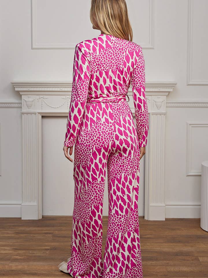 ANGELEYE - Wholesale Jumpsuit - Women's - Plunge Neck Wide Leg Long Sleeve Jumpsuit in Pink Leopard4